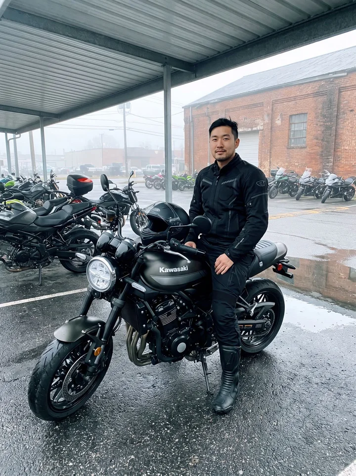 Jensen seated on a bike under a covered dealership lot