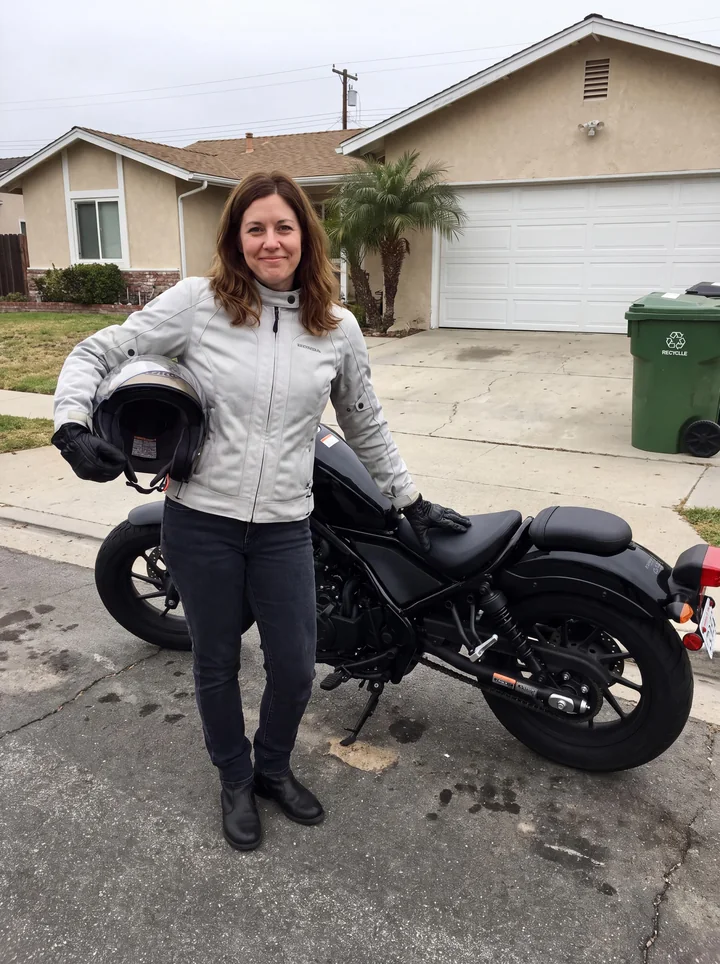Tammy standing beside a black bike in a driveway